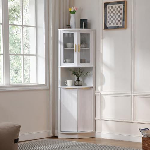 Forest Gravity Armario Alto de Esquina Corner Cabinet Estrecho para salón Armario para Comedor Mueble de baño Estrecho con cajón Estantes Ajustables 73.5 * 164 cm Blanco