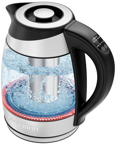 Chefman Electric Kettle with Temperature Control, 5 Presets LED Indicator Lights, Removable Tea Infuser, Glass Tea Kettle & Hot Water Boiler, 360° Swivel Base, BPA Free, Stainless Steel, 1.8 Liters