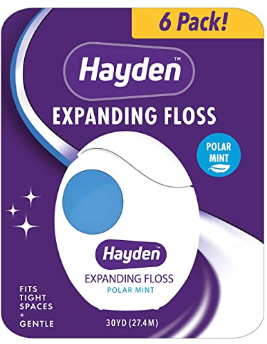 Hayden Expanding Dental Floss. Expands To Clean Between Tight Teeth. 6 Pack Value. Fresh Feeling Polar Mint Woven Floss. Anti Tartar Actives for Gentle Care. 180 Yards. Expandable Clean. PFA Free.