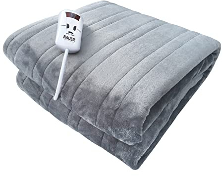 Bauer Professional Electric Heated Throw Blanket, Soft Fleece (120 x 160cm), 10 Heat Settings, 1–9h Timer, Auto Shut-Off, Detachable Controller, Machine Washable, Grey