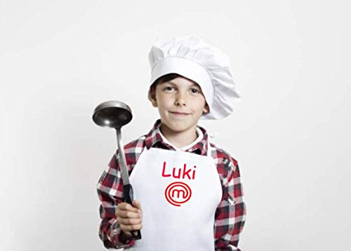 SAQUITOMAGICO Delantal Oficial Masterchef para Adulto y Niños Personalizado con tu Nombre Bordado.-Producto con Licencia Oficial.-Novedad Marzo 2021 (niño blanco personalizado)