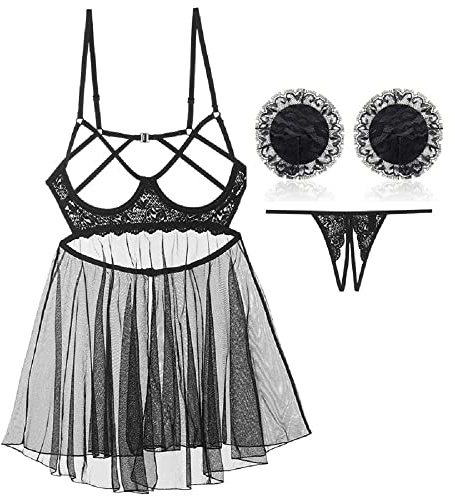 NLAND Biancheria Delle Donne Mesh Halter e Minigonna da Lingerie Donna Camicia da Notte Trasparente Intima da Notte Pizzo Aperto Hollow Halter Babydoll(Nero,XL)