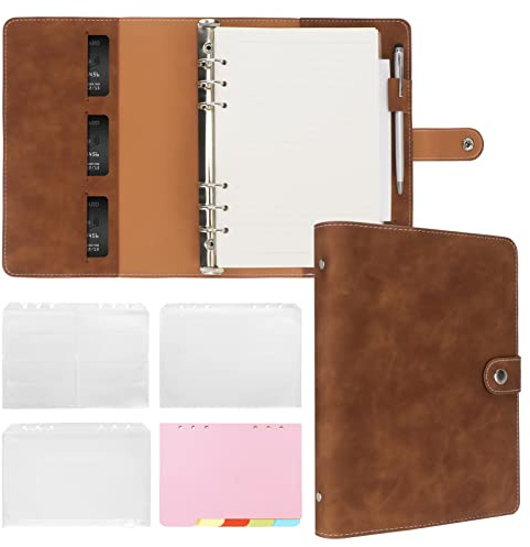 Carnet de notes FYY A5 en cuir avec 6 anneaux, feuilles de recharge A5, pochettes de classeur et séparateurs de papier, journal de voyage avec classeur à anneaux brun