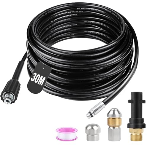 SWAWIS Manguera Limpieza Tuberías 30M 180 Bar Manguera Hidrolimpiadora Manguera Desatascador Tuberias a Presion con Boquillas Rígidas + Giratorias, Adaptador para Kärcher K2 K3 K4 K5 K6 K7