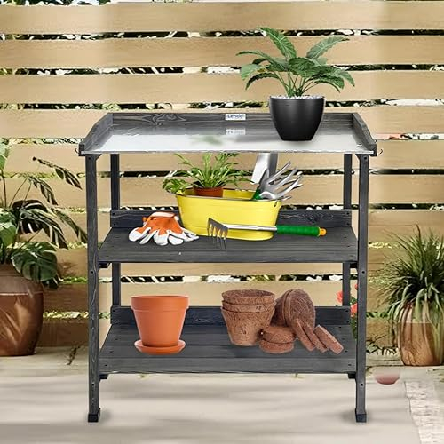 Lendo Online Pflanztisch mit Arbeitsplatte aus verzinktem Stahl und Holz - 76x37x92 cm aus Fichtenholz - 6 Edelstahl Haken - Für Garten Balkon - Gartentisch - Planzregal (Grau)