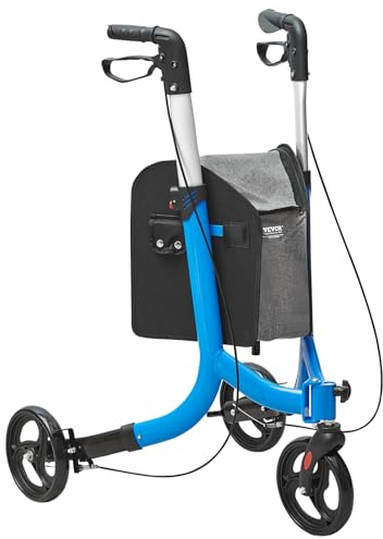 VEVOR Rollator mit 3 Rädern, faltbarer Gehwagen aus Aluminium mit verstellbarem Griff, Trio-Leichtgewichtsrollator für den Außenbereich mit Aufbewahrungstasche, 118 kg Tragkraft, Blau