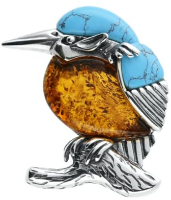 Broche de martín pescador de plata de ley 925 con ámbar coñac, pájaro turquesa, talla única, Joya, Ámbar