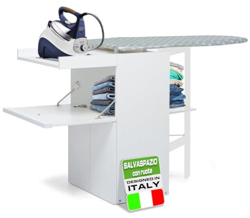 Shally Dogan Mobile Asse da Stiro a Scomparsa Salvaspazio Richiudibile, Mobiletto Pieghevole Telaio in Legno per Stiratura Veloce, 4 Ruote per Spostamento, Ideale Lavanderia, Bagno (Bianco)
