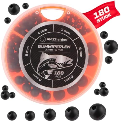 AMZfishing® Set di Perline di Gomma da 3 mm a 8 mm, 180 Pezzi, Perle di Gomma, per Pesca e Perline, Accessori da Pesca, perfette con Tappo in Gomma (a: 180 Perline nel Dispenser)
