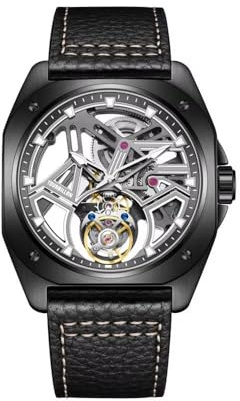JDLERMY Montre pour homme avec mouvement tourbillon et cadran squelette mécanique à remontage manuel, cristal saphir, double face, creux, étanche, bracelet en cuir, Noir , Classique