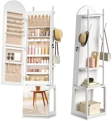 HOOBRO Armario para Joyas, Espejo Joyero de Pie, Base Giratoria y Cerradura, con Luz LED y Zona Abierta, con Ganchos para Ropa y Sombreros, Pendientes, Anillos, Collares y Cosméticos, Blanco EWT09JC04