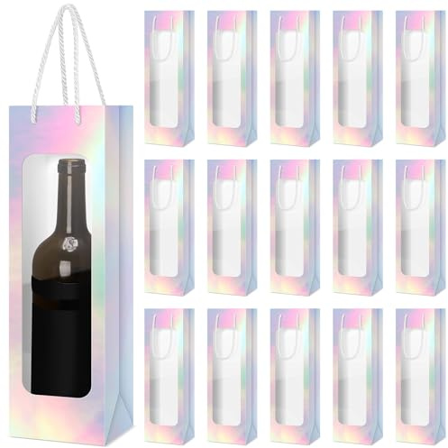 Tioncy 24 Pcs Single Wine Bottle Gift Bag Bulk Wedding Champagne Boxes with Clear Window Handles Reusable Holiday Party Favor(Laser Color)
