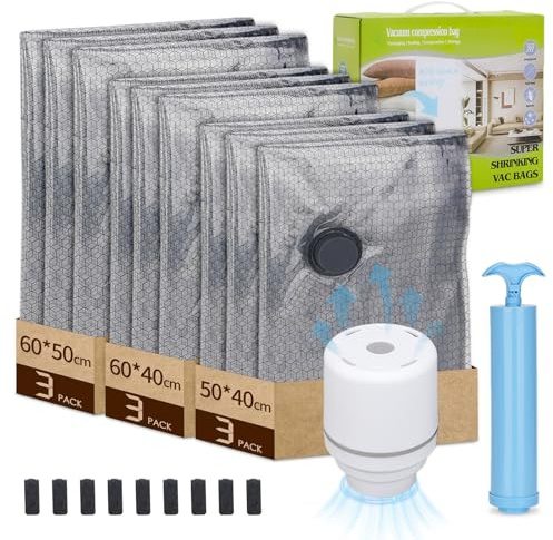 Sacchetti Sottovuoto Vestiti con Pompa Elettrica, 9 pezzi (3x 40x50cm, 3x 40x60cm, 3x 40x60cm) Sacchi Sottovuoto Riutilizzabili per Coperte, Vestiti, Indumenti Stagionali e Bagagli da Viaggio