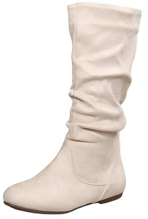 Bottines tendance pour femme en daim de couleur unie avec plis style britannique Bottes moyennes à semelle plate, beige, 40 EU