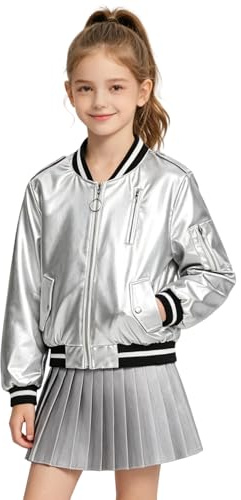 LOLANTA Girls Metallic Bomber Jacket, Sparkly Shiny Cropped Coat with Pockets, Lightweight Party Dance Jakcet for Kids 4-12 Years