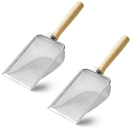 QKNOSM 2 Stück Katzenschaufel Edelstahl mit Holzgriff, Katzenstreu Schaufel Metall 3.8mm Porengröße Fein Katzenkloschaufel Katzenstreuschaufel für Katzenklo Litter Box Scoop für Katzentoilette
