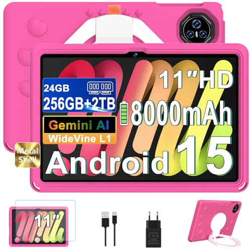 Dghrti 2026 Tablet Android 15 Con EVA Silicone Custodia Protettiva, 24GB+256GB/2TB, Bambini tablet 11 Pollici Octa-Core, Gemini AI/Widevine L1, 8000 mAh, 13MP+5MP, Corpo Metallo, Tableta Grande-Rose