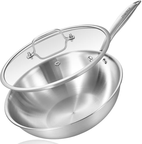 Inqibee Wok Inox 18/10 Triply – 28 cm avec Couvercle – Sans Revêtement – Sans PFAS, PFOA, PTFE – Compatible Tous Feux Dont Induction – Manche Riveté Froid – Cuisson Saine et Durable