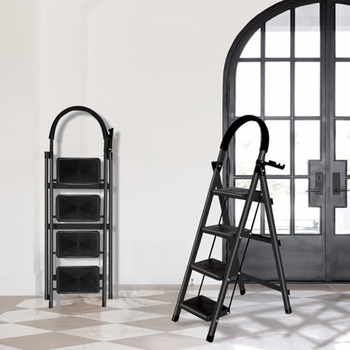 Escabeau Pliable à 4 marches avec Rampe, avec Plate-Forme à Outils, échelle Portable en Acier de 190 kg, pour Adultes, pour la Maison, la Cuisine, Le Bureau, 133 x 74 x 39 cm - 4 marches (Noir)