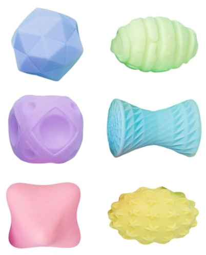Pelotas sensoriales para bebés - Juego de desarrollo de vinilo de 6 piezas, formas texturizadas coloridas, entrenamiento de agarre suave, diseño de exploración táctil, estilo montesori ligero |