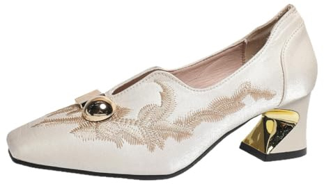 Zapatos de tacón retro de punta cuadrada para mujer, diseño de metal bordado, tacones medios, sin cordones, informales, elegantes, beige, 40.5 EU