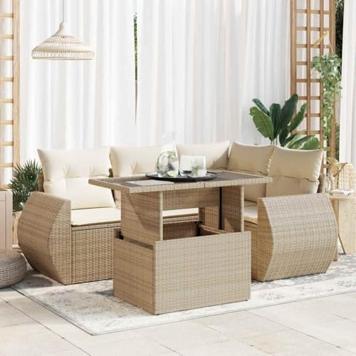 Frdhee Juego de muebles de exterior para salón de jardín, 5 piezas. Juego de sofá de jardín con cojín de ratán de poli beige, grupo de asientos para jardín, terraza y balcón, fácil de mantener