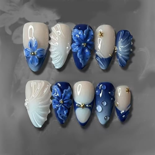 24Pcs Vintages Inspired Presses on Artificial Nails Blue Lilies Bubble Stripe Pearls Decoration ABS Easy Wear Easy Apply