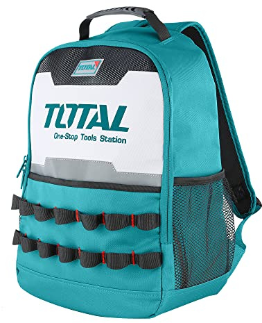 TOTAL Werkzeugrucksack | 34 x 17 x 43 cm | maximale Belastung 20 kg | mit fester Struktur und Außentaschen | Rucksack für Werkzeugtasche