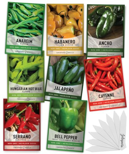 Gardeners Basics, Pepper Seeds for Planting 8 Varieties Pack, Jalapeno, Habanero, Bell Pepper, Cayenne, Hungarian Hot Wax, Anaheim, Serrano, Cubanelle Heirloom Seeds for Planting in Garden Non GMO