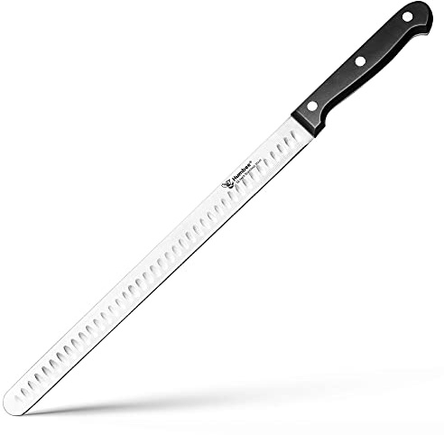 Humbee 12 Inch Carving Knife with Razor Sharp Granton Edge for Brisket BBQ Meat and Turkey Cutting – Stainless Steel Blade with Ergonomic POM Handle – Long Slicing Knife for Kitchen and Grill