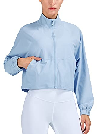 altiland Women's Athletic Running Yoga Gym Track Zip Up Cropped Jackets Long Sleeve Workout Shirts (Airy Blue, Small)