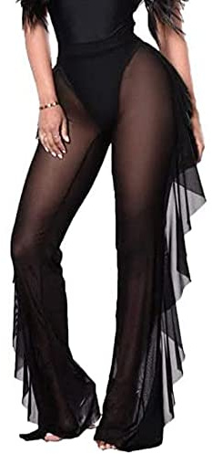 SANSIWU Women's Sheer Mesh Ruffle Pants Swimsuit Bikini Bottom Cover up Party Club Elastic High Waist Wide Leg Beach Pants (A-Black, Medium)