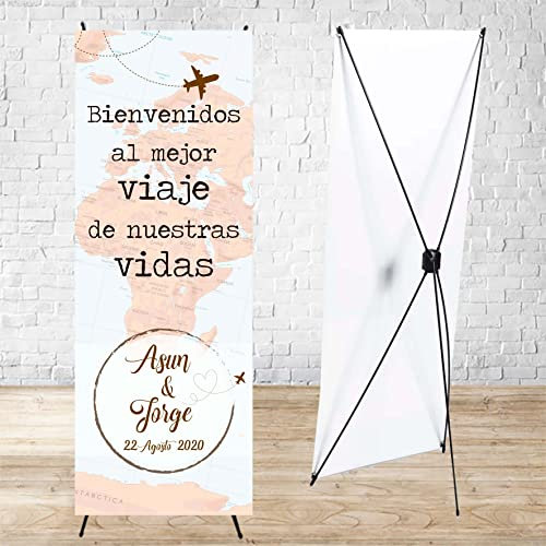 Cartel Boda bienvenidos al mejor viaje con soporte 60 x 160 cm. Decoración boda, Photocall personalizado con nombres y fecha. Fabricación Española, banner de bienvenida