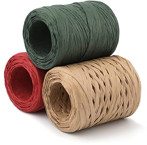 3 Rollen Raffia Bast Band, 100m Raffia Papierband Weihnachten Raffia Band für Geschenkverpackung Heimwerken Festivaldekoration (Grün, Rot, Kraftfarbe)