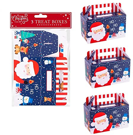 Set of 3 Father Christmas - Xmas Treat Gift Boxes - Kids Party Food Lunch Box Elf Sweets Eve Present - Candy Bag