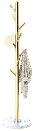 OIRUMIE Garderobenleiste mit natürlichem Marmorsockel, Massive Edelstahlgarderobe freistehend, Garderobenständer mit 8 Haken, Garderobenbaum Hüte Aufhänger für Eingang, Flur (Golden)