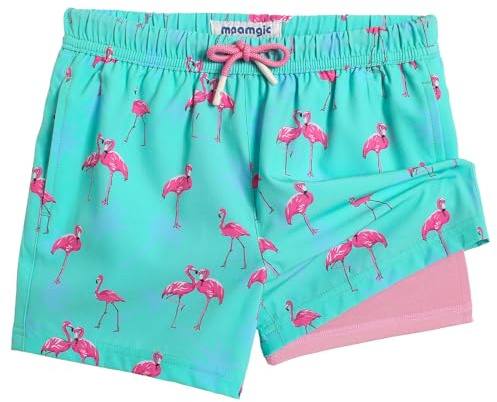 maamgic Boys Swim Trunks with Compression Liner Toddler Stretch Swim Shorts Quick Dry Swimming Trunks Boxer Brief 2 in 1 Beach Shorts Blue Flamingos 10/12