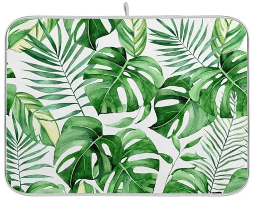 Tropical Green Palm Monstera Leaves Dish Drying Mat for Kitchen Counter Absorbent Microfiber Dish Drying Pad Drainer Mat, Large 46x60 cm
