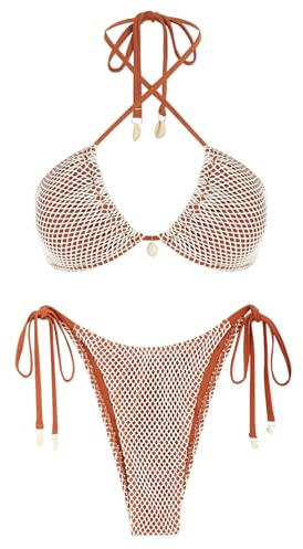 ZAFUL Women's Bikini Set Fishnet Triangle Tie Convertible Collar Halter Bandeau Shell Two Piece Bathing Suit Brown S