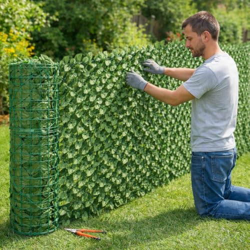 Siepe Finta Artificiale con Foglie Copri Ringhiera Verde Recinzione Edera Giardino Frangivento Ornamentale Siepe Sintetica Balcone Rotolo (150x300 cm)