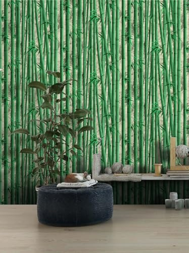 BUVU Papier peint en vinyle, 0,53 x 10 m, lavable, avec motif bambou vert