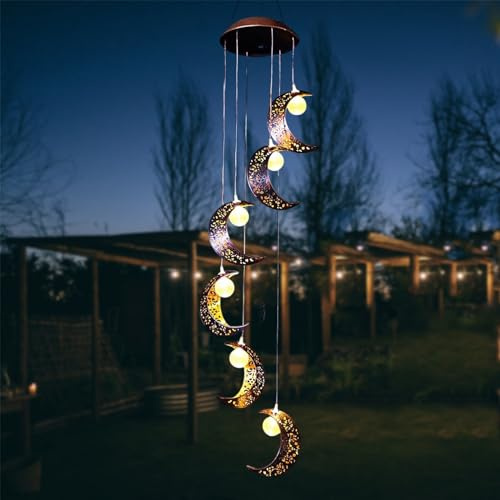 ZVO Solar Windspiele mit Mond, Solar Windspiel für Draußen Solarleuchten Warme LED Wasserdicht Gartenlampe, Hängeleuchte Garten Deko für Außen Balkon Terrasse Party Baum Geschenke