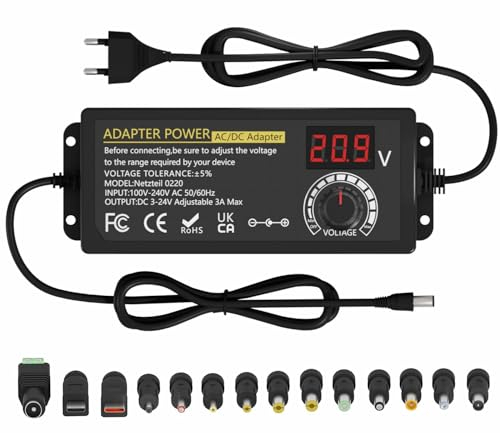 CKS-24V3A 72W Universal Netzteil, AC to DC 3V-24V Adapter Verstellbarer Netzadapter mit LED Spannungsanzeige und 14 Spitzen, inkl Micro-USB Stecker, für 3V-24V Haushaltselektronik,DC Motor, 3000mA Max