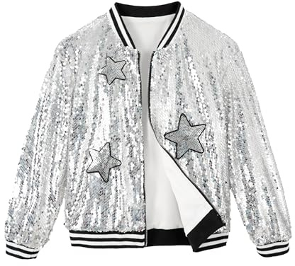 LOLANTA Girls Sequin Bomber Jacket with Pockets Zipper Long Sleeve Sparkle Baseball Jackets