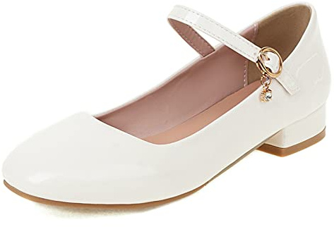 Gicoiz Boda Mary Jane Mujer Block Tacón Bajo Comodo Bomba Correa de Tobillo Punta Quadrada Moda Fiesta Oficina Trabajo Formal Zapatos Shiny Blanco Talla 40 EU-41Cn