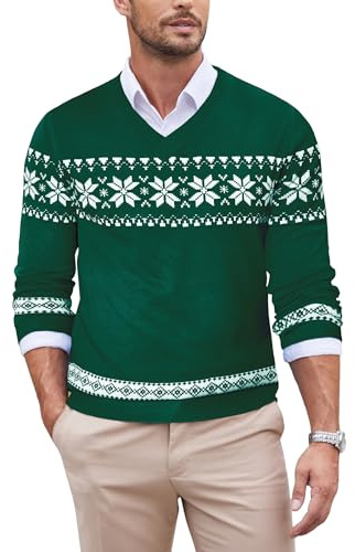 COOFANDY Maglione Natalizio Uomo con Scollo V Elegante Pullover Invernale a Maniche Lunghe Maglione Maglia Fine Morbido Sweater Fiocchi di Neve - Verde Abete L