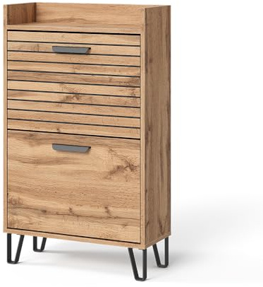 Vicco Shoe tipper Amber, Oak Wotan, 59.8 x 100 cm with 2 compartments, for storing books, lamps, and everyday items