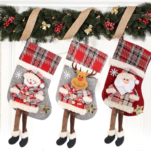 Christmas Stocking 3 PCS Personalised Christmas Stockings Large Christmas Socks Decoration 3D Hanging Santa Socks for Family Holiday Christmas Party Decorations
