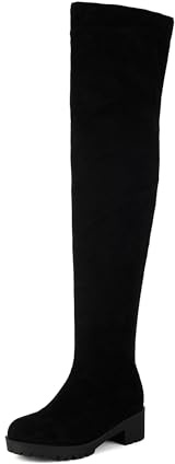 Bviennic Bottes Cuissardes Femme Talon Bloc Moyen avec Plateforme Confort Bout Rond A Enfiler Stretch 2544 Noir Taille 34 EU