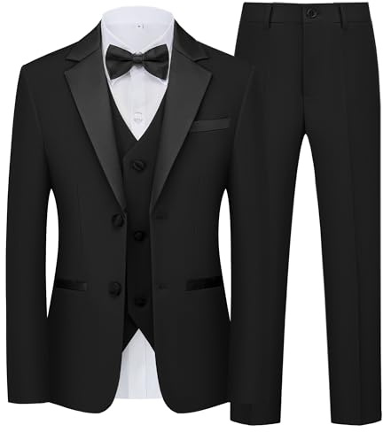 WULFUL Boys Suits 5-Piece Tuxedo Suit Set: Jacket, Pants, Shirt, Vest & Bow Tie for Kids Wedding Ring Bearer Party Black